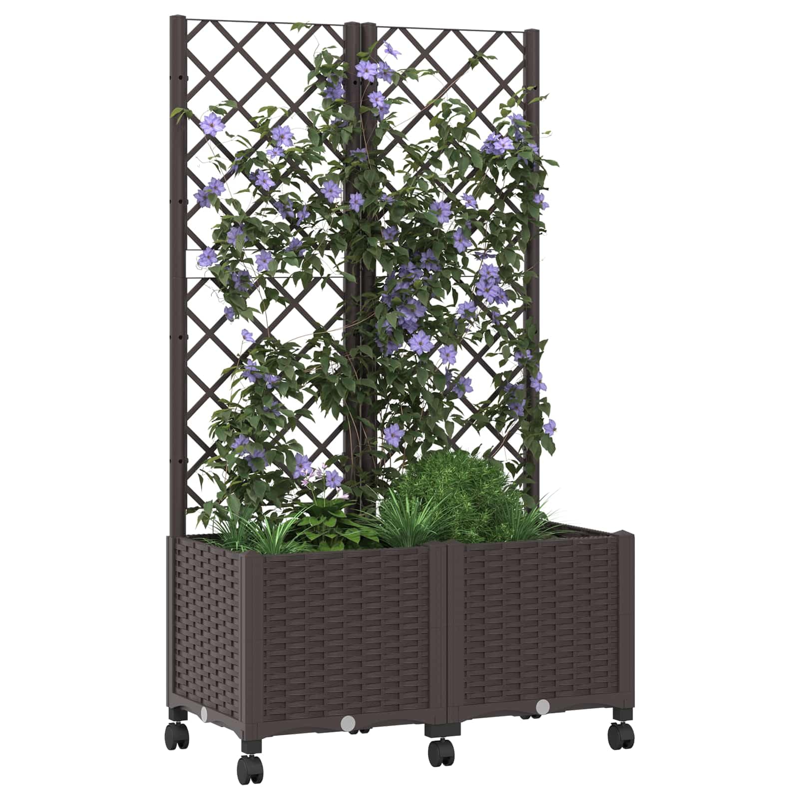 Pflanzkübel mit Spalier und Rollen, fahrbares Hochbeet mit Rankgitter aus PP, Blumenkasten für Kletterpflanzen auf Terrasse und Balkon, Braun, 80 x 40 x 146 cm