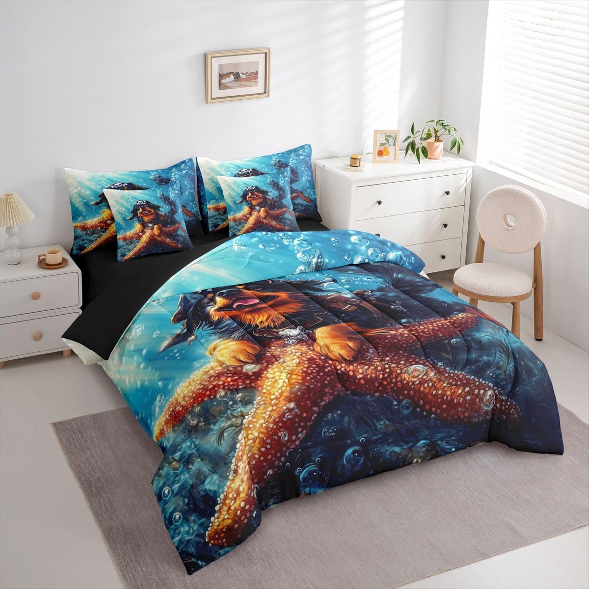 Castle Fairy Pirate Dog 7 Piece Comforter Set Queen Size for Kid Girls Teens,Ocean Starfish Bed in A Bag with Sheets Funny Nautical Dog Bedding Sets Underwater World Bedroom Decor image 4