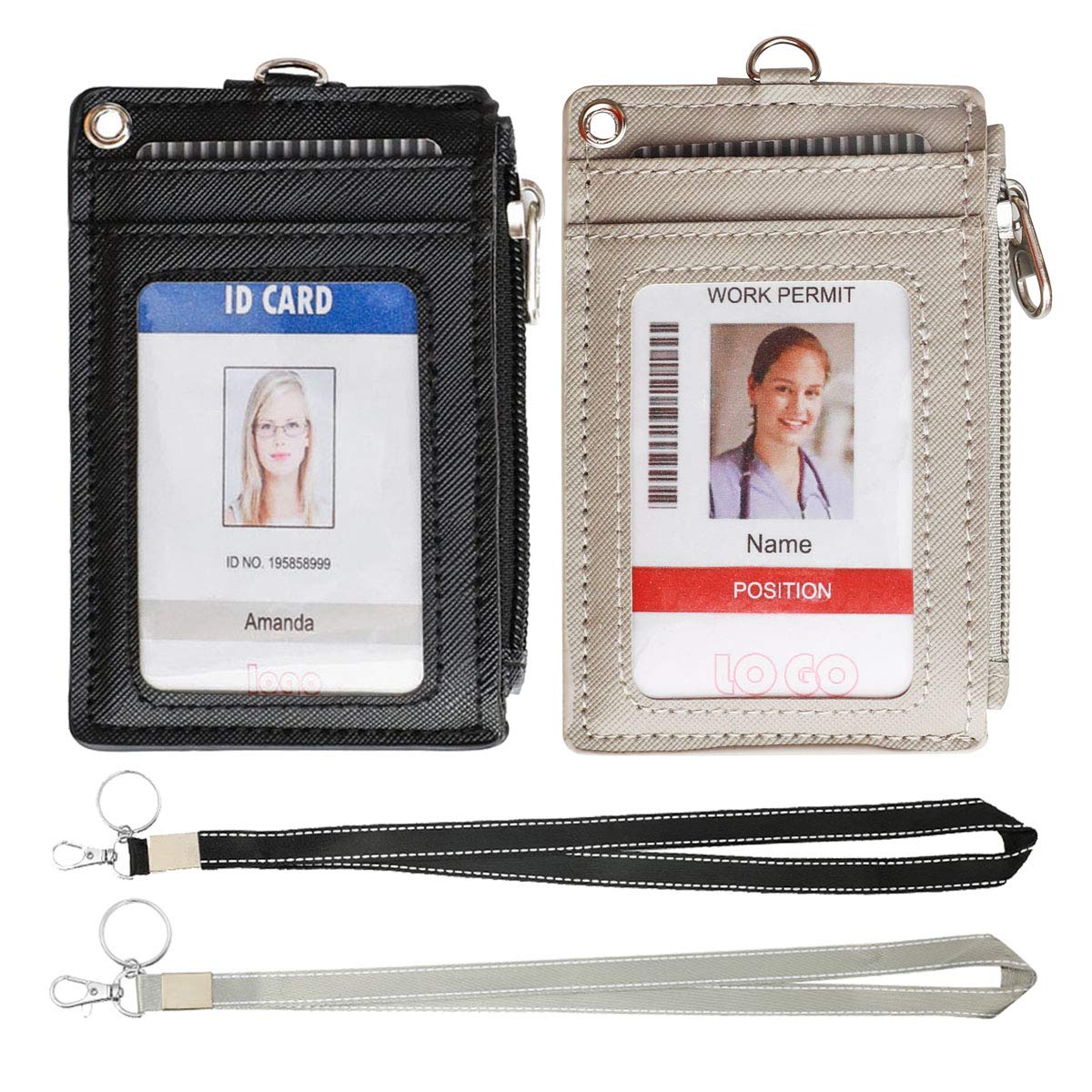 HASFINE 2 Pack ID Badge Holder with Lanyard,2 Sided 5 Card Slots ID Card Holder Wallet with PU Leather Zipper Pocket and Detachable Keychain Lanyard