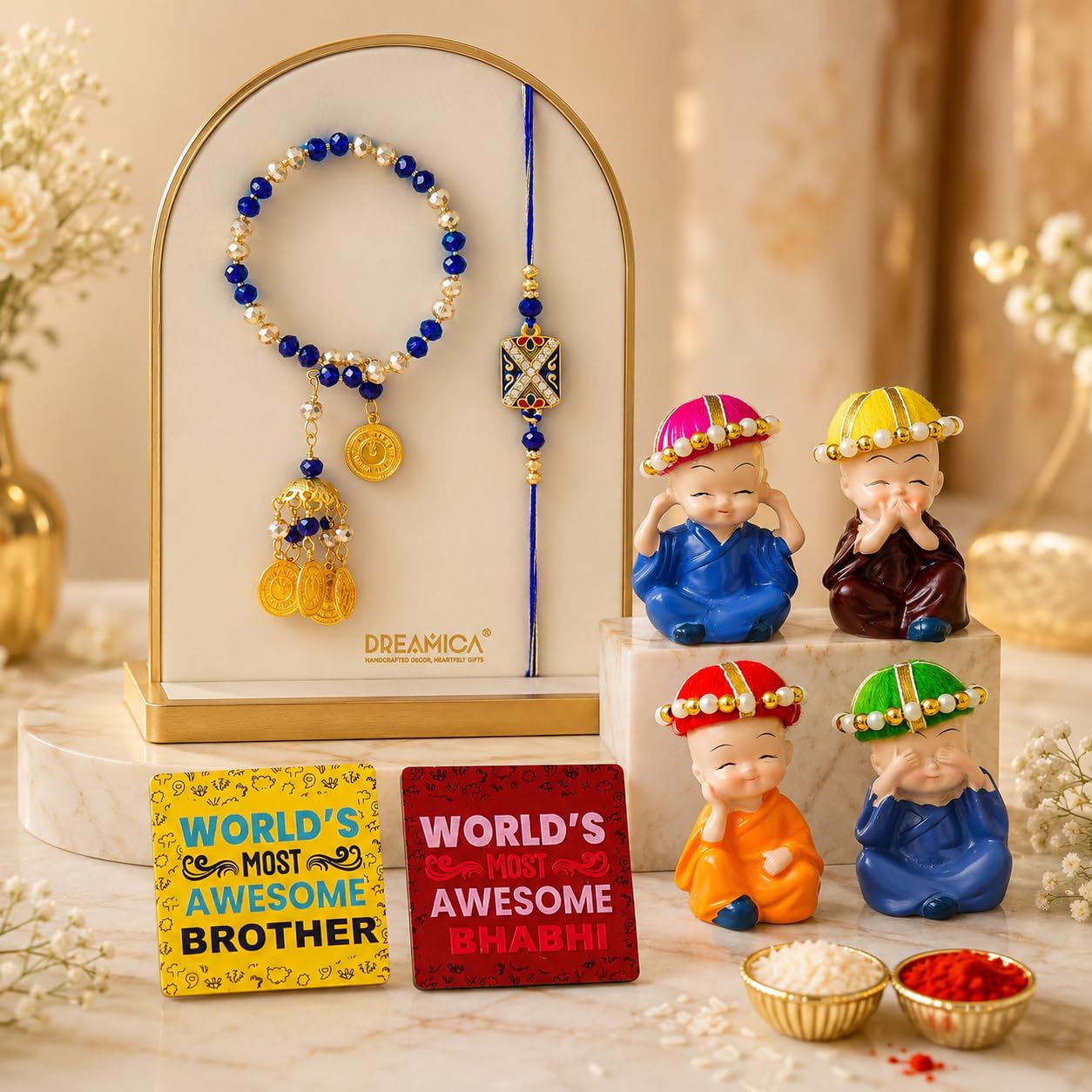 Dreamica Designer Bhaiya Bhabhi Rakhi Set, Monk Buddha Showpiece Set,2 Fridge Magnet, Greeting Card and Tilak Set| Best Rakhi Gift for Brother-image-38