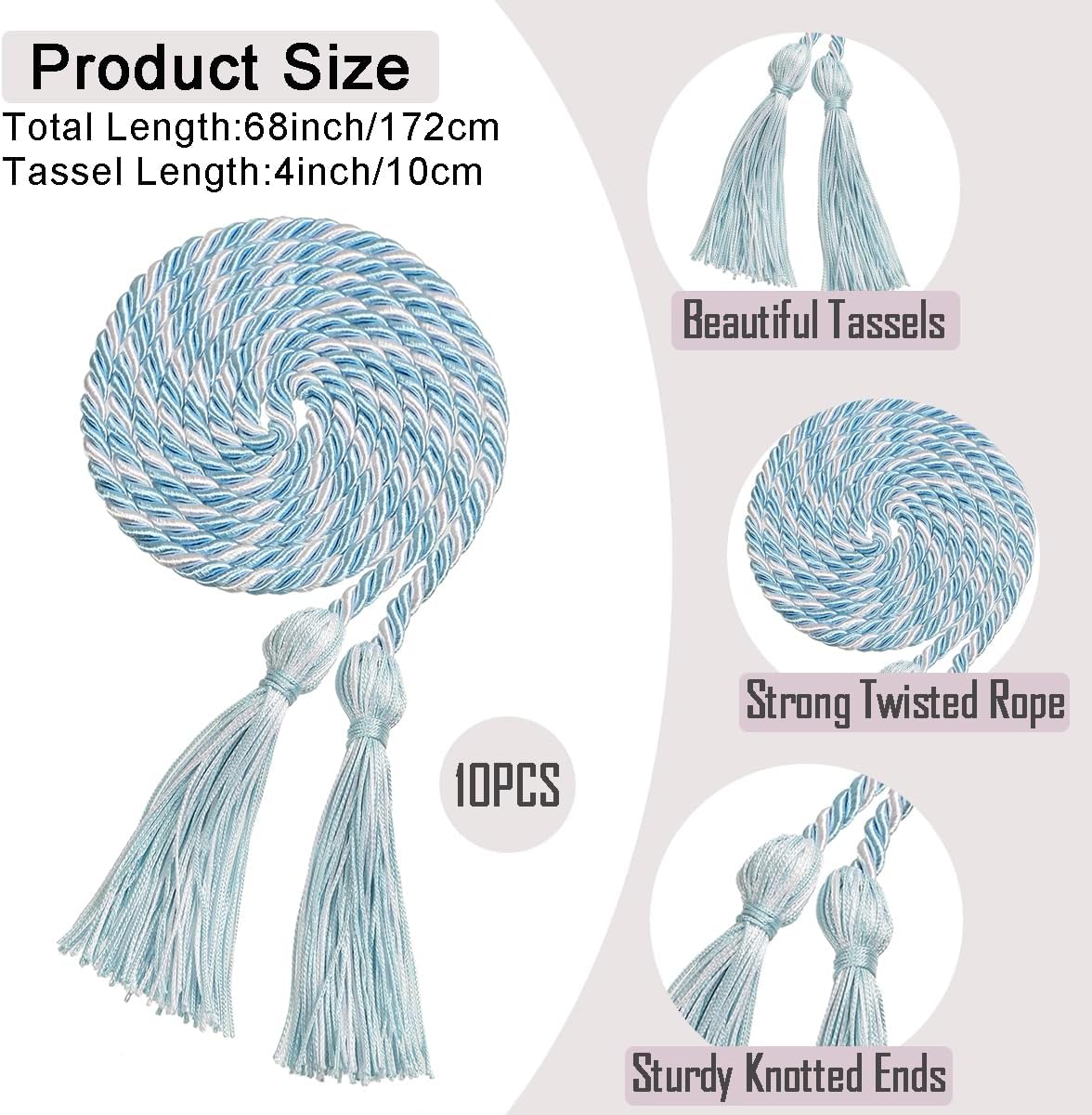 10 Pieces Graduation Honor Cords, Braided Ropes with Tassels Bulk for Bachelor, Master, Doctoral Academic Ceremonies 68 Inch (Sky Blue/White)