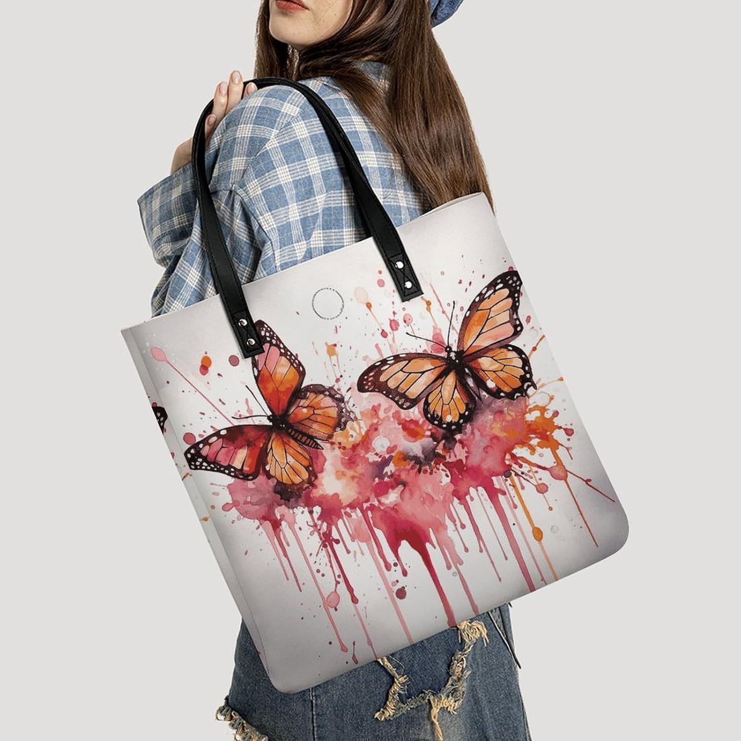 Butterfly Drip Spray Watercolor Handbags Large Capacity, Tote Bag Stylish Slouchy, Shoulder Bags for Work Beach Travel And Shopping Grocery.