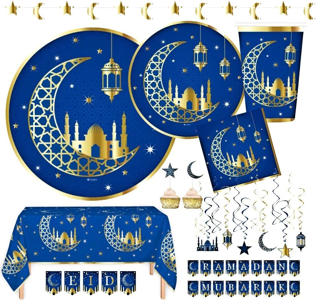 Serves 24 | Ramadan Eid Mubarak Gold Foil Decorations | 9" Dinner Plates | 7" Dessert Plates | 24 Cups - 12 Ounce | Swirls | Ramadan and Eid Mubarak Banners | Appetizer / Dessert Toppers | Ide