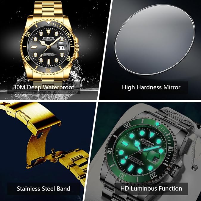 BINBOND Watches for Men Stainless Steel Rotatable Bezel Classic Dress Waterproof Luminous Luxury Big Face Business Date Mens Wrist Watch