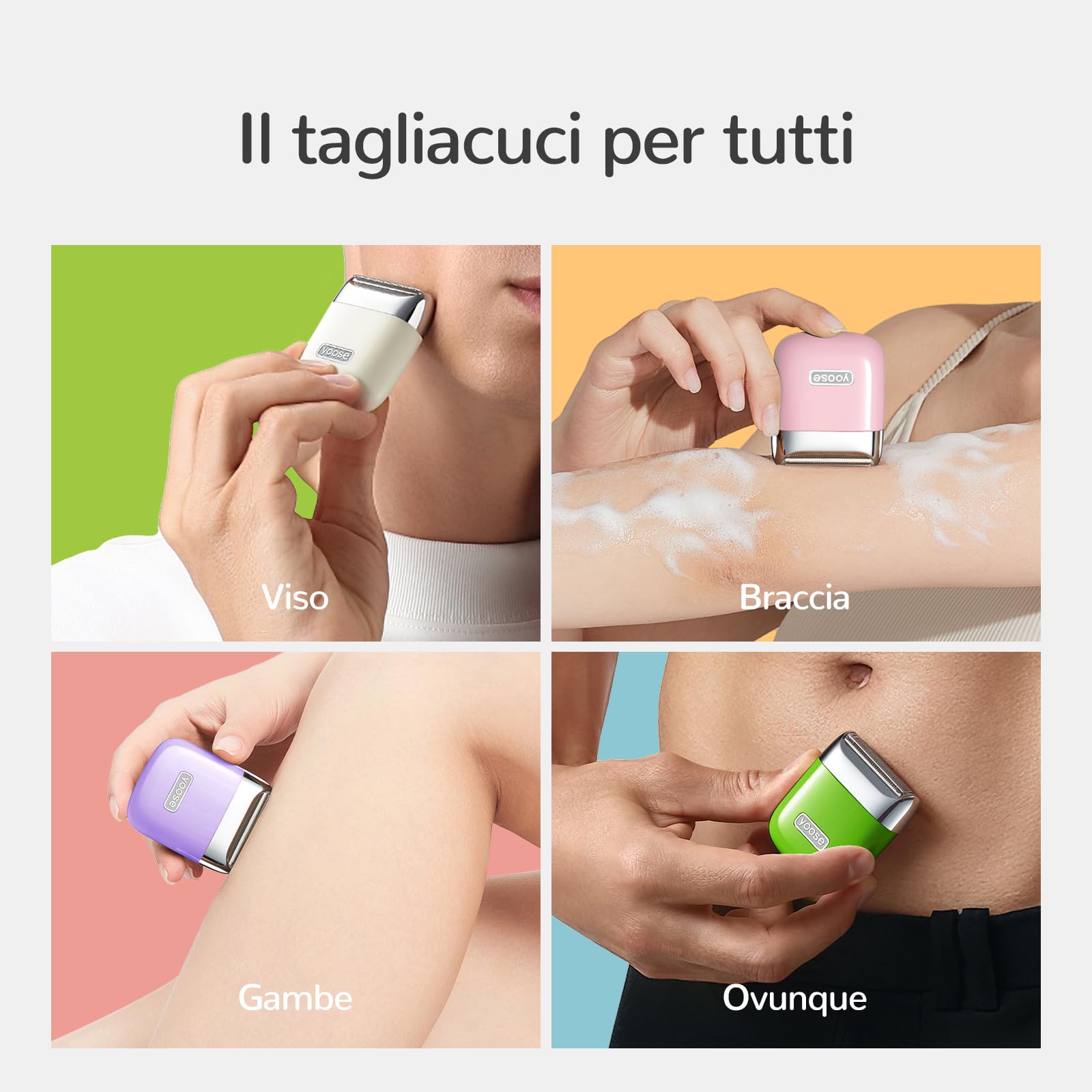 Yoose rasoio elettrico donna, corpo in ABS IPX7 depilatore corpo donna (ricarica USB-C, pettine per trimming, molteplici modalità di rasatura), regolo portatile (Verde)