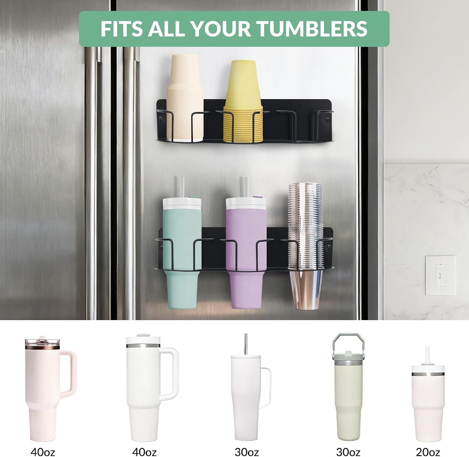 Magnetic Cup Holder for Refrigerator, Water Bottle Organizer with Lid Hook & Straw Holder, Black Steel Tumbler Storage Rack for 40 Oz Cup Accessories, Kitchen Pantry Organizers