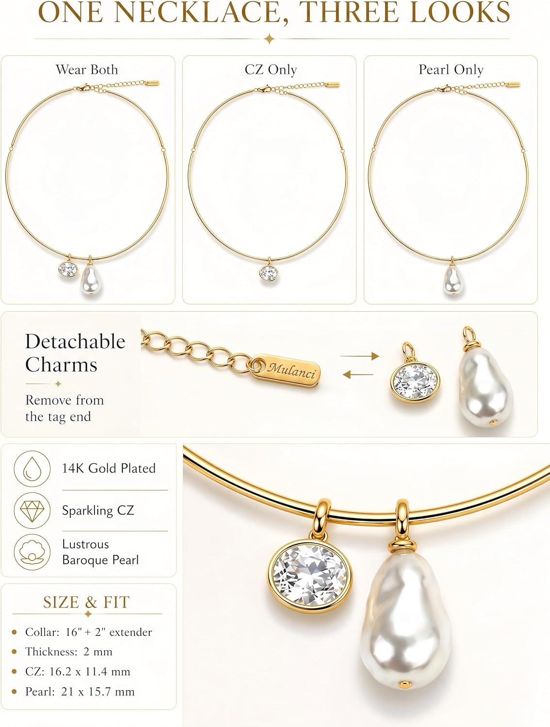Gold Collar Necklace for Women, Cuff Style with Removable CZ & Baroque Pearl Pendants, 14K Gold Plated Wire Choker, Open Collar Jewelry for Date Night Wedding Guest
