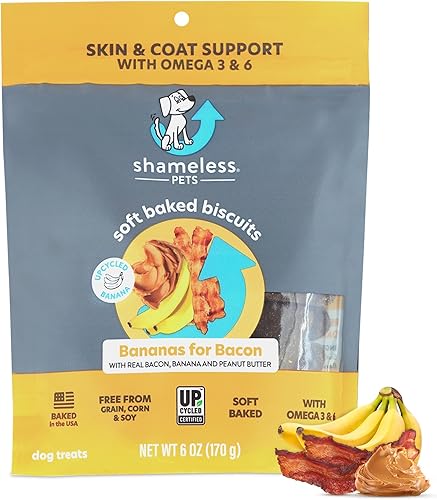Miniatura 1 de Shameless Pets Golosinas suaves para perros, plátanos para tocino, masticables naturales y saludables para el apoyo de la piel y el pelaje con Omega