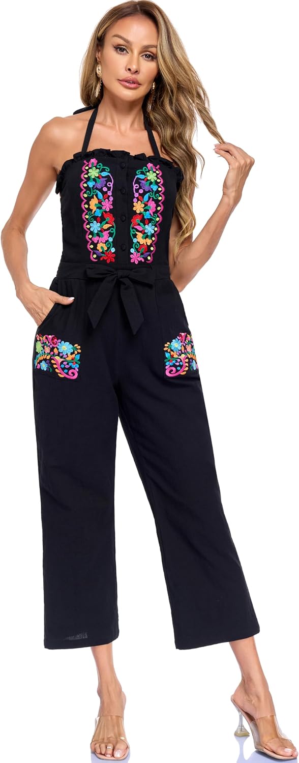 Women's Floral Embroidered Jumpsuit Casual Wide Leg Boho Pocket Romper