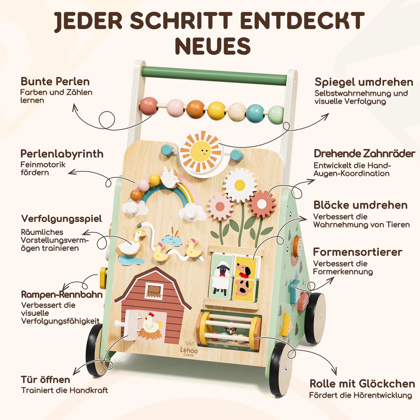 Lauflernwagen, Bauernhof Lauflernhilfe mit 10-in-1 Activity Center, Gehhilfe Baby, Lauflernwagen Holz mit Bremse, Montessori Spielzeug ab 1 jahr