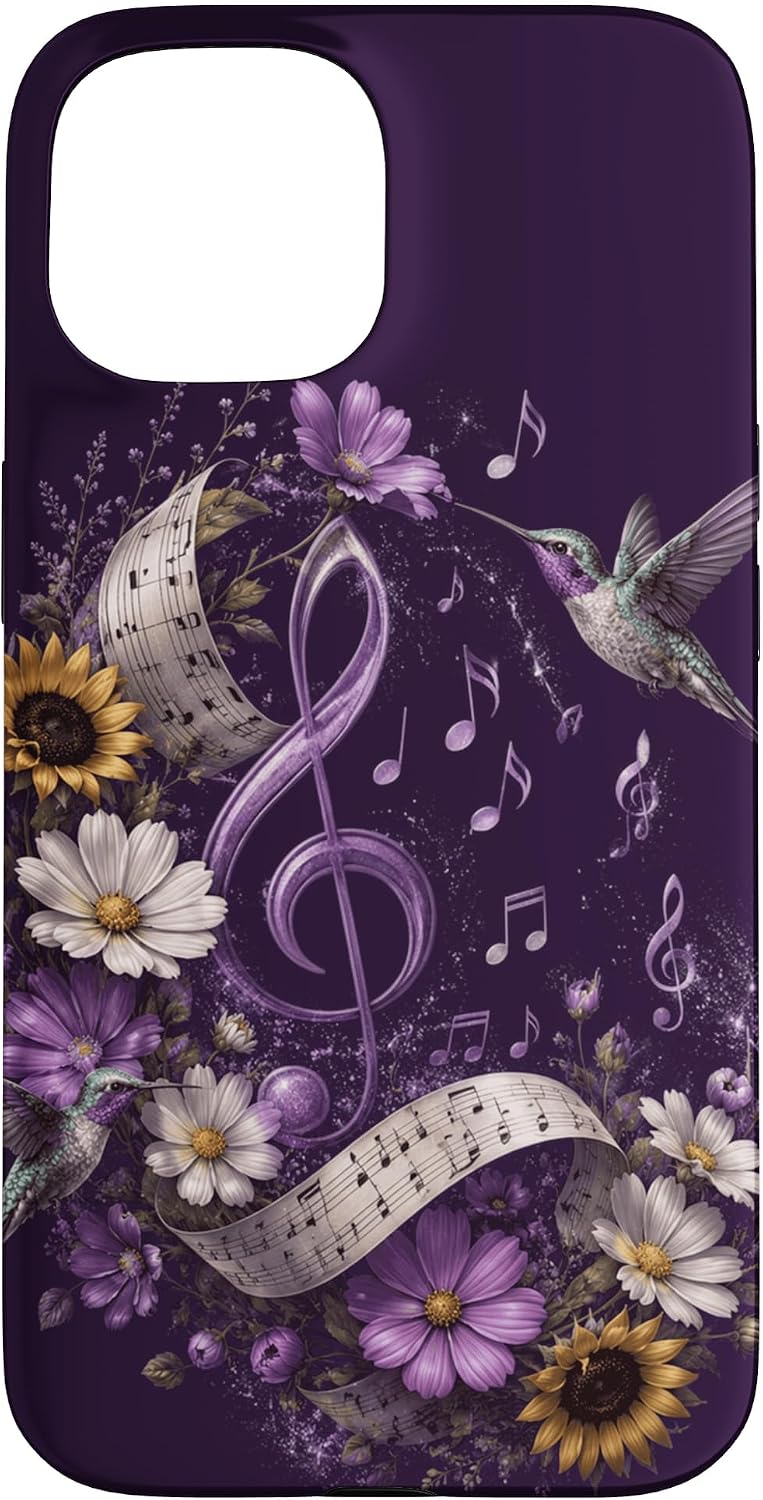 Music Teacher Hummingbird Purple Floral Music Notes Case for iPhone 15