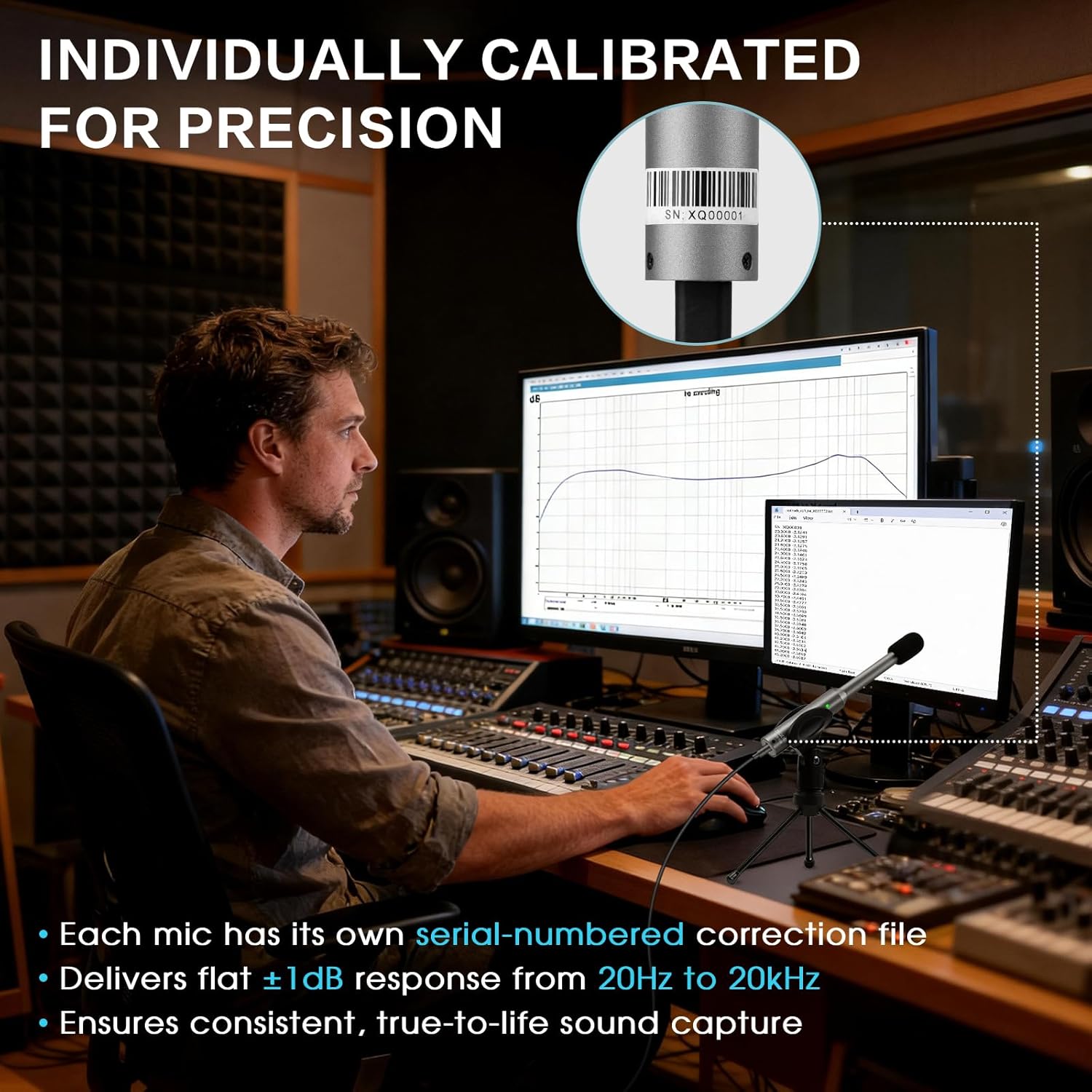 Measurement Microphone, Professional Calibrated Microphone with Individual Calibration File Compatible with MiniDSP, REW, Plug and Play USB-C Mic for Speaker Design & Audio Tuning