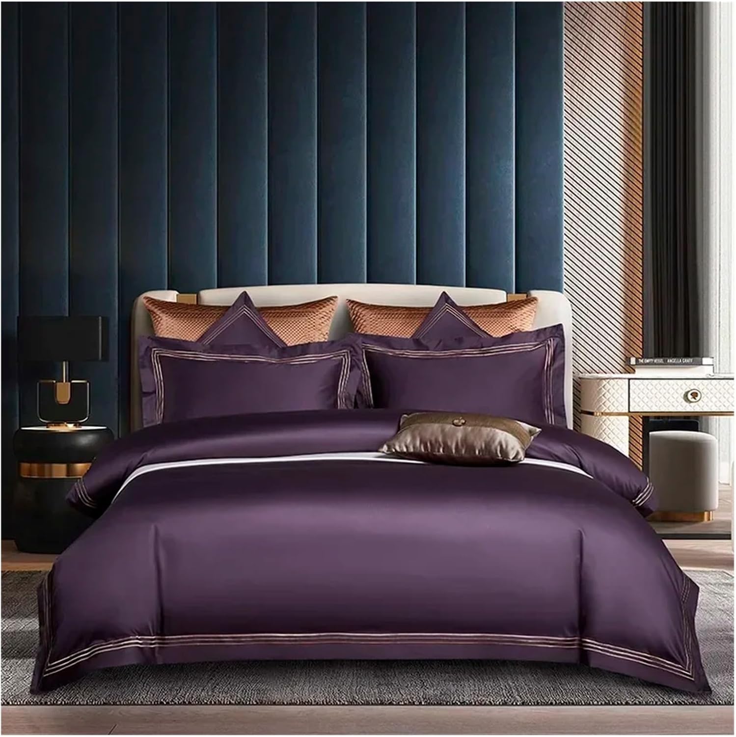 Luxury Black Gold Jacquard Egyptian Cotton Bedding Set Satin Smooth Duvet Cover Sheet Pillowcases 4Pcs,Bed