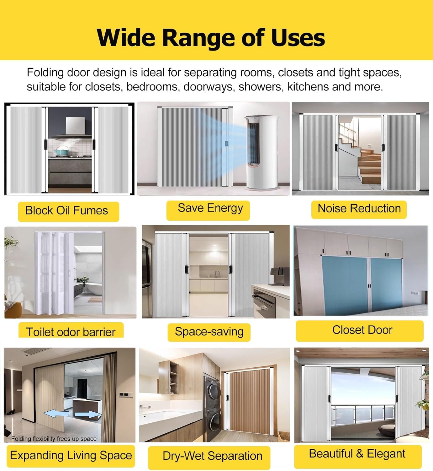 72CM Wide x 210CM High Black Foldable Interior Accordion Doors - Space-Saving Sliding Doors for Office, Closet & Hotel - Stylish Multifold Design