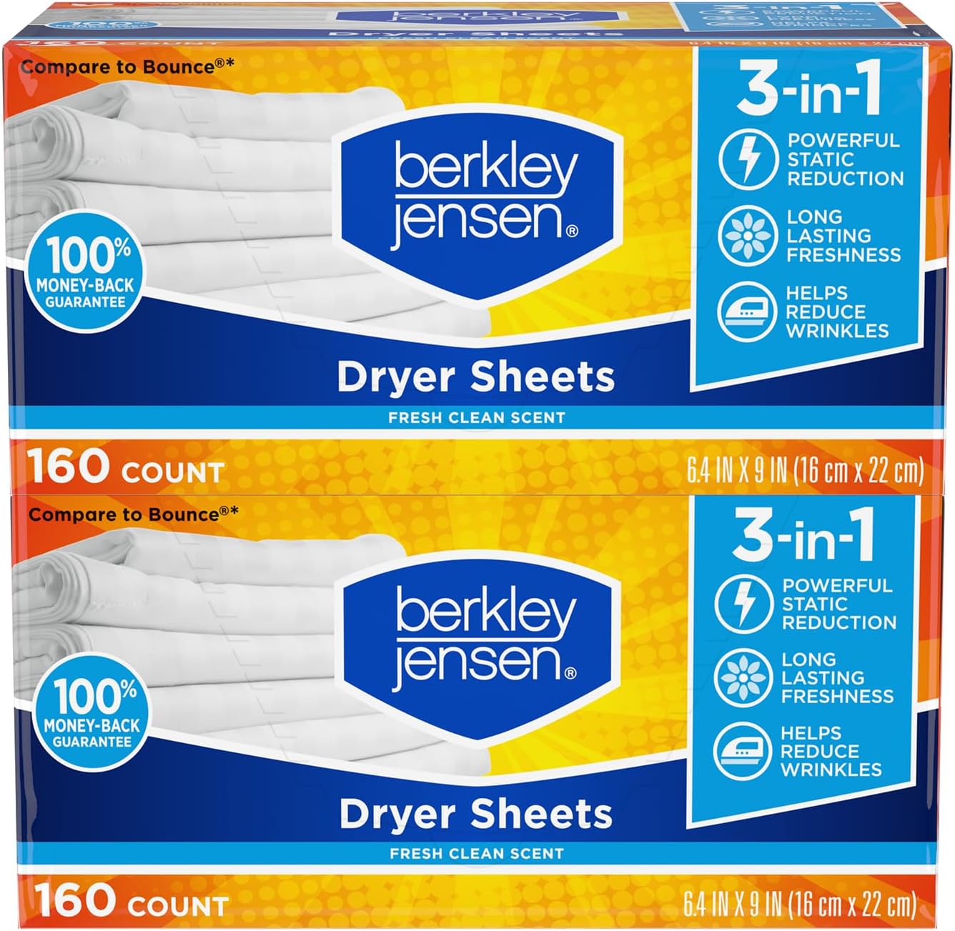 Berkley Jensen Soft and Fresh Dryer Sheets, 320 Sheets (Pack of 2, 160ct Each) - 3-in-1 Anti Static Wrinkle Release Scented Dryer Sheets - Ideal for All Dryers - Fabric Softener Sheets w/Fresh Scent