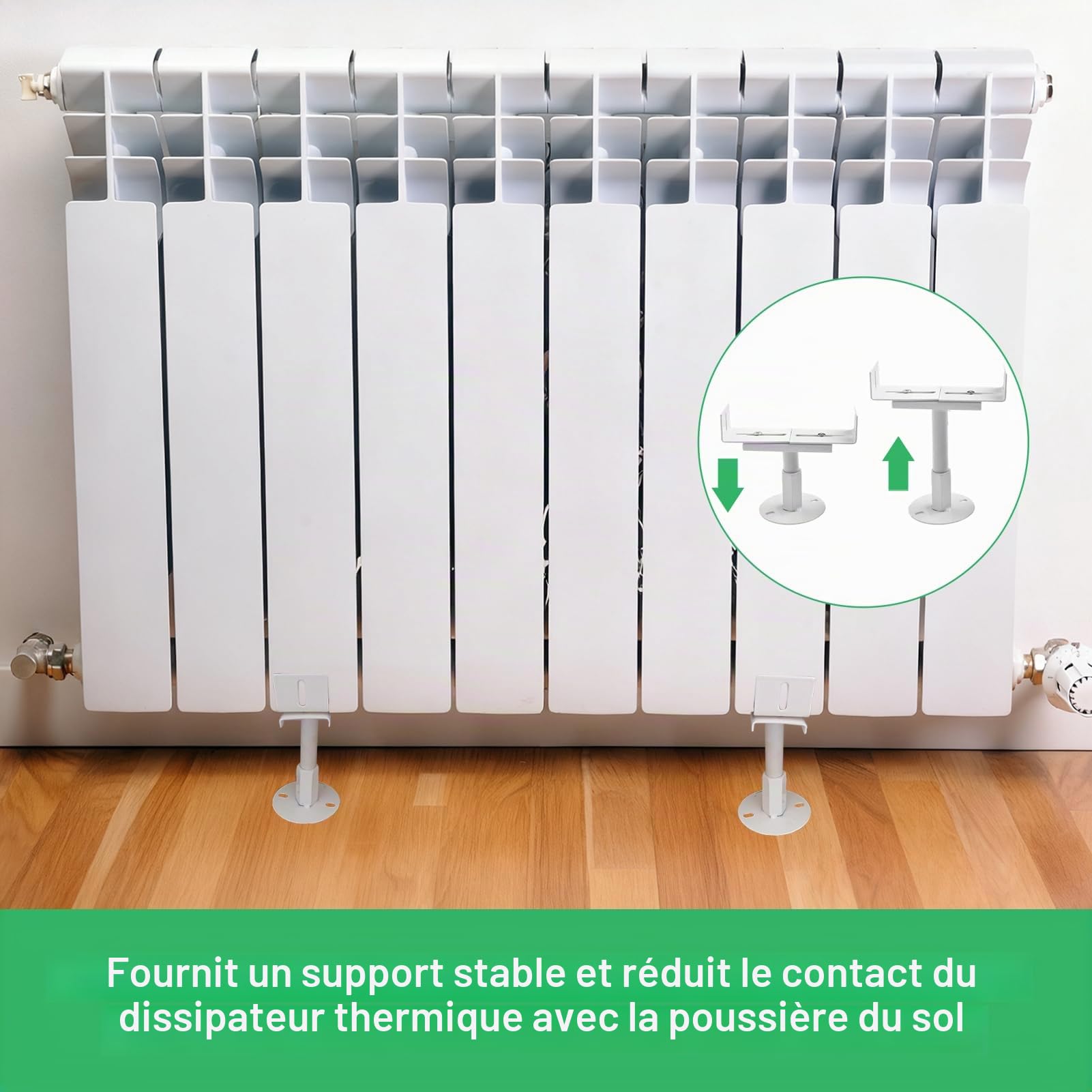 Lot de 2 pieds de radiateur en aluminium, Résistance au Brouillard Salin, hauteur réglable de 11 à 16 cm, style architectural traditionnel, pour le positionnement vertical des radiateurs en fonte