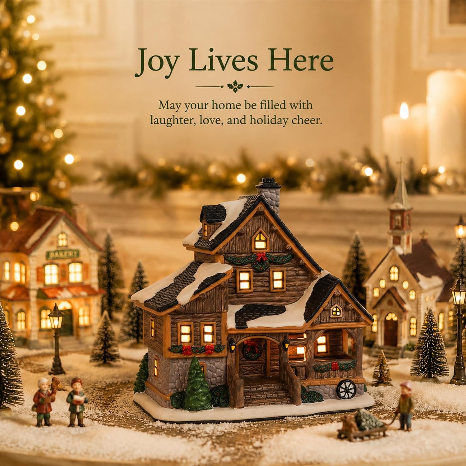 Ceramic Christmas Village Houses,Light Up Cabin Christmas House for Indoor