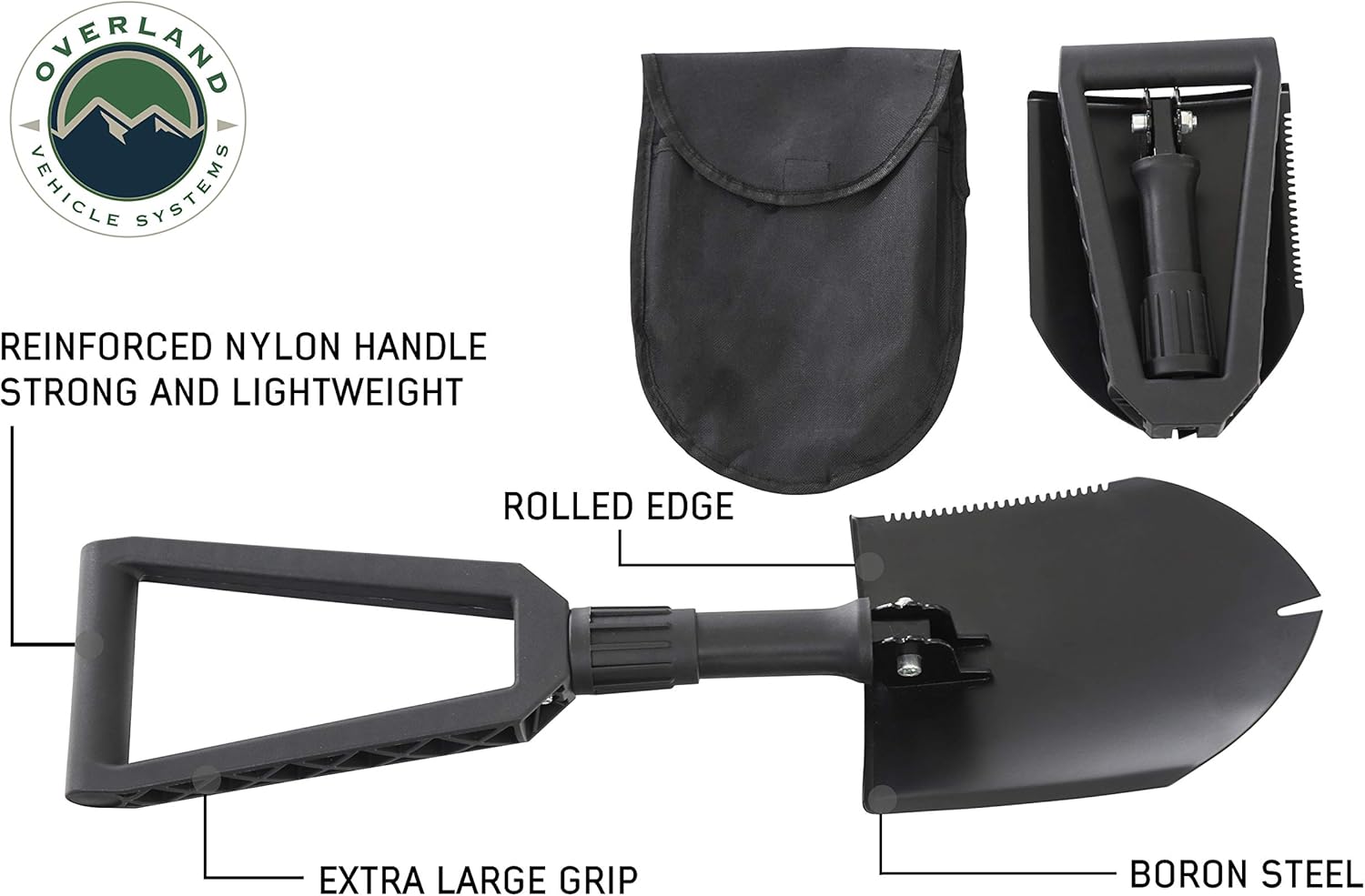 Overland Vehicle Systems Multi Functional Military Style Utility Shovel with Nylon Carrying Case Universal - Reinforced Handle with Locking Collar - #50 Boron Steel Spade