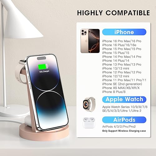 Miniatura 5 de Estación de carga 3 en 1 para iPhone, cargador inalámbrico para iPhone 15, 14, 13, 12, 11 X Pro Max y Apple Watch, base de carga para AirPods (rosa)