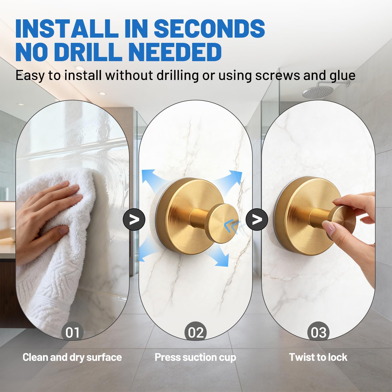 Suction Cup Hooks, Shower Hooks No Drill, Heavy Duty Wall Hooks for Hanging 15lbs, Reusable Waterproof Towel Hooks for Bathrooms Kitchen Glass Door Tile, Stainless Steel Hook Holder 3 Pack