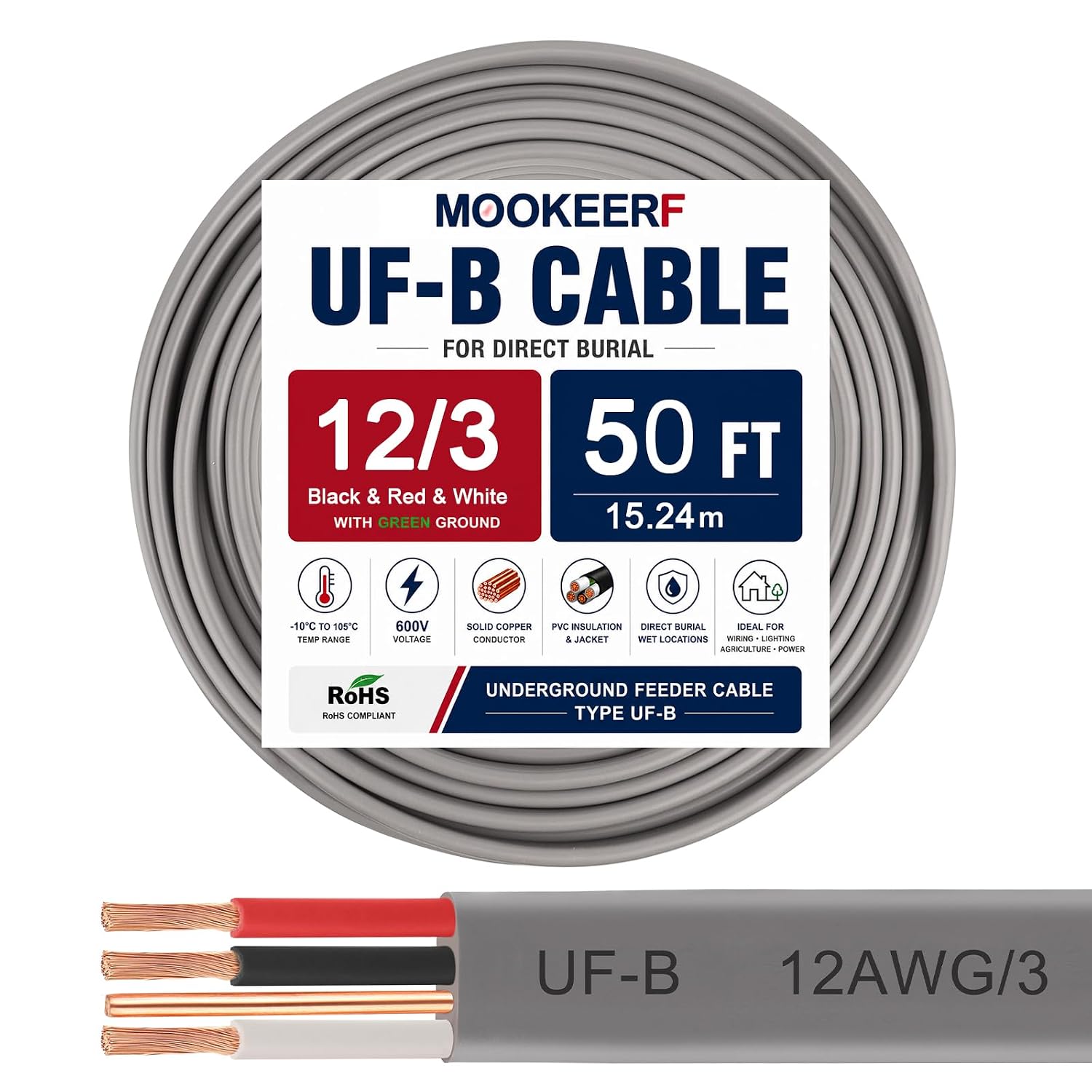 14/2 UF-B Wire - 10FT 14 Gauge Direct Burial Electrical Cable 100% Pure Copper 14AWG 2 Connector for Underground Feeder Wet or Corrosive Locations Indoor & Outdoor etc