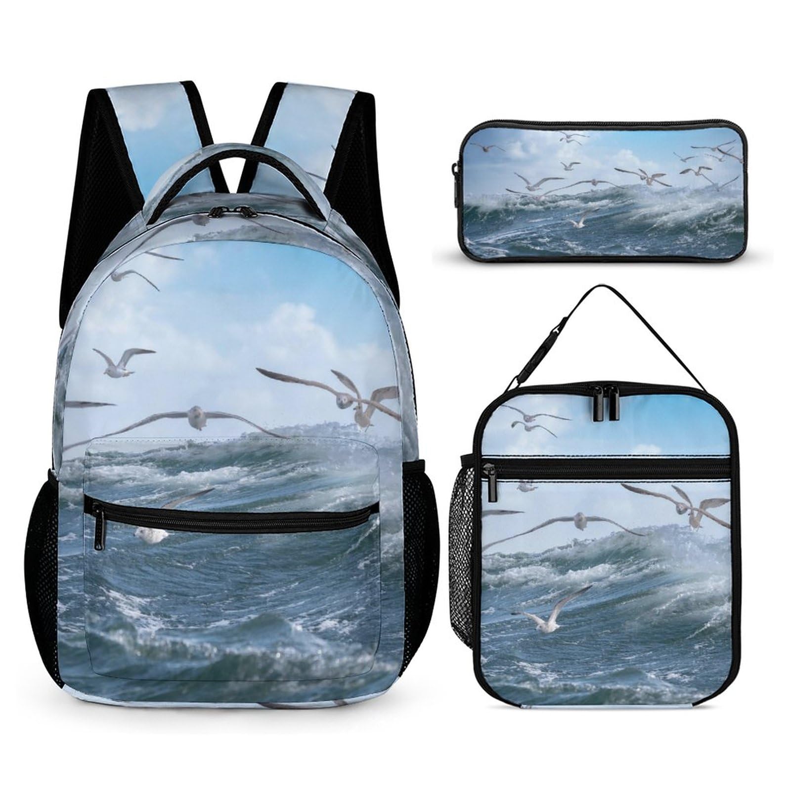 BNSSJAVS Backpack 3Pcs Set, Travel Backpack, School Bookbag Set with Lunch Box and Pencil Case for Men Women - seabird