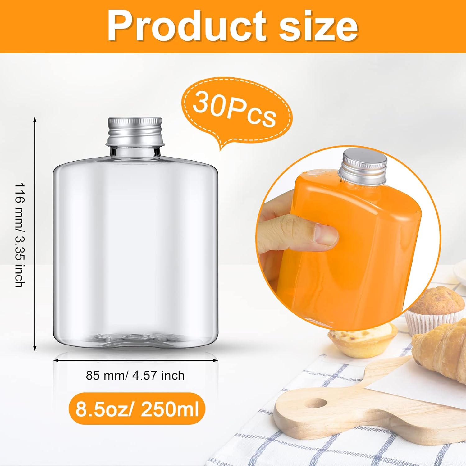 Norme 30 Pcs Plastic Bottles Bulk with Caps 8.5 oz Small Reusable Disposable Juice Bottles Empty Clear Beverages Drink Containers Water Flask Mini Fridge Containers for Juicing Smoothies Milk - Image 3