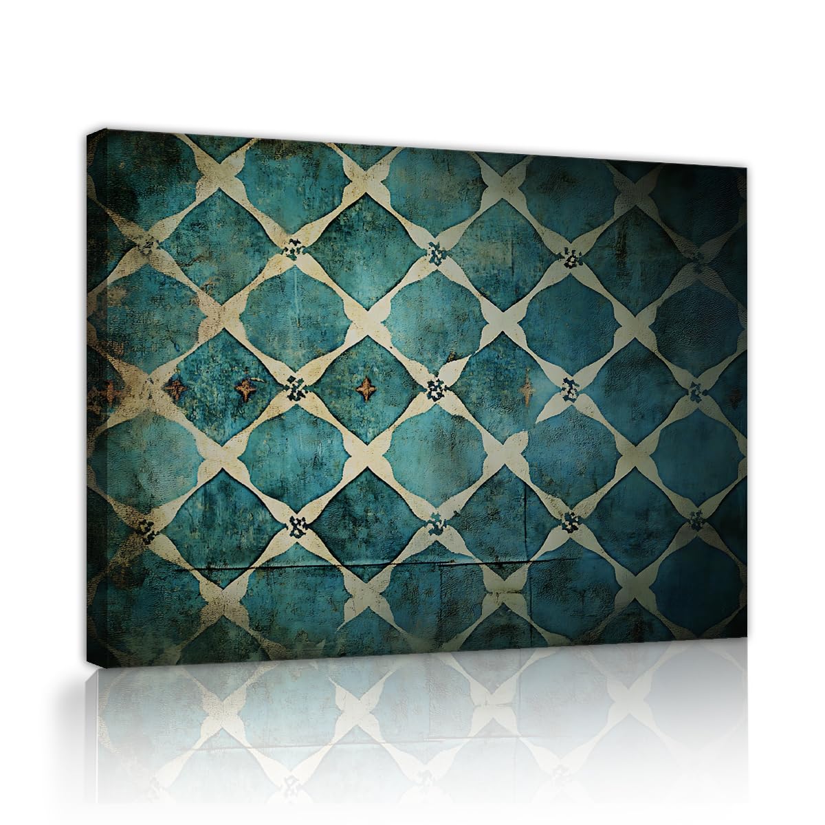 TOANGWALL Tile Style Canvas Wall Art Nursery Teal Lattice Framed Poster Prints Retro Mediterranean Pattern Abstract Painting Artwork for Club Decor 40x50cm