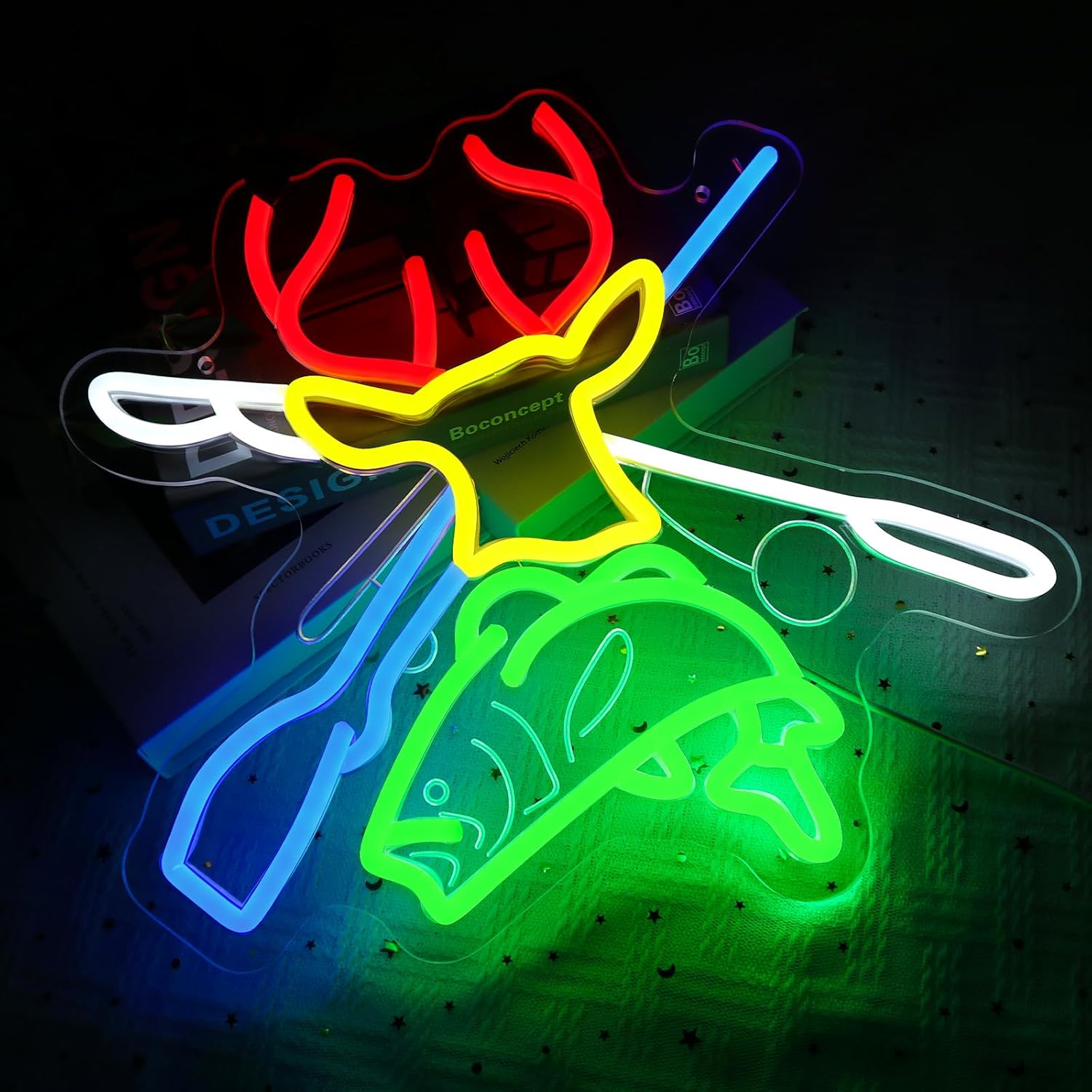 Deer Hunting Neon Sign for Wall Decor, Deer Head Led Signs for Bedroom, USB Dimmable Fish Hook Neon Lights for Man Cave Cabin Wall Accent Bar Home Pub Wildlife Hunting Wall Art