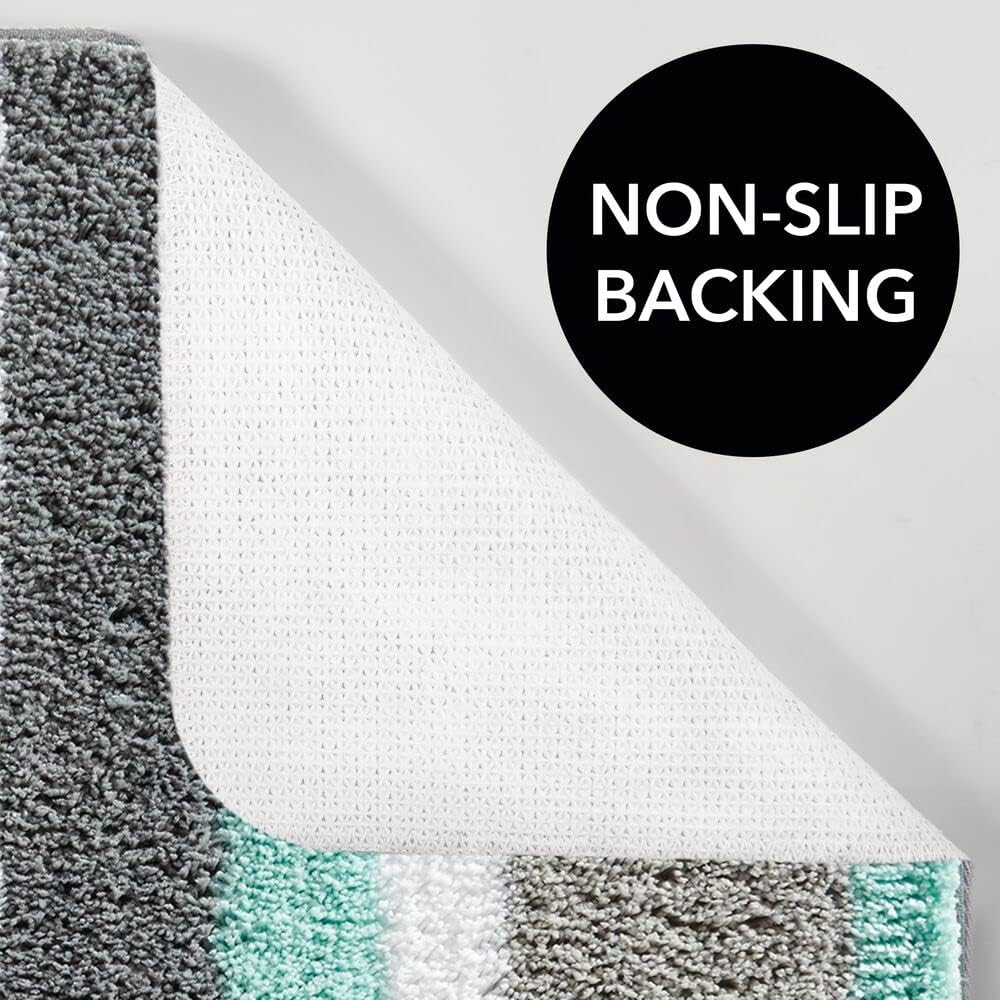 mDesign Soft Microfiber Polyester Spa Rugs for Bathroom Vanity, Tub/Shower - Water Absorbent, Machine Washable - Plush Non-Slip Rectangular Accent Rug Mat -Striped Design, Set of 3 Sizes - Mint/Gray