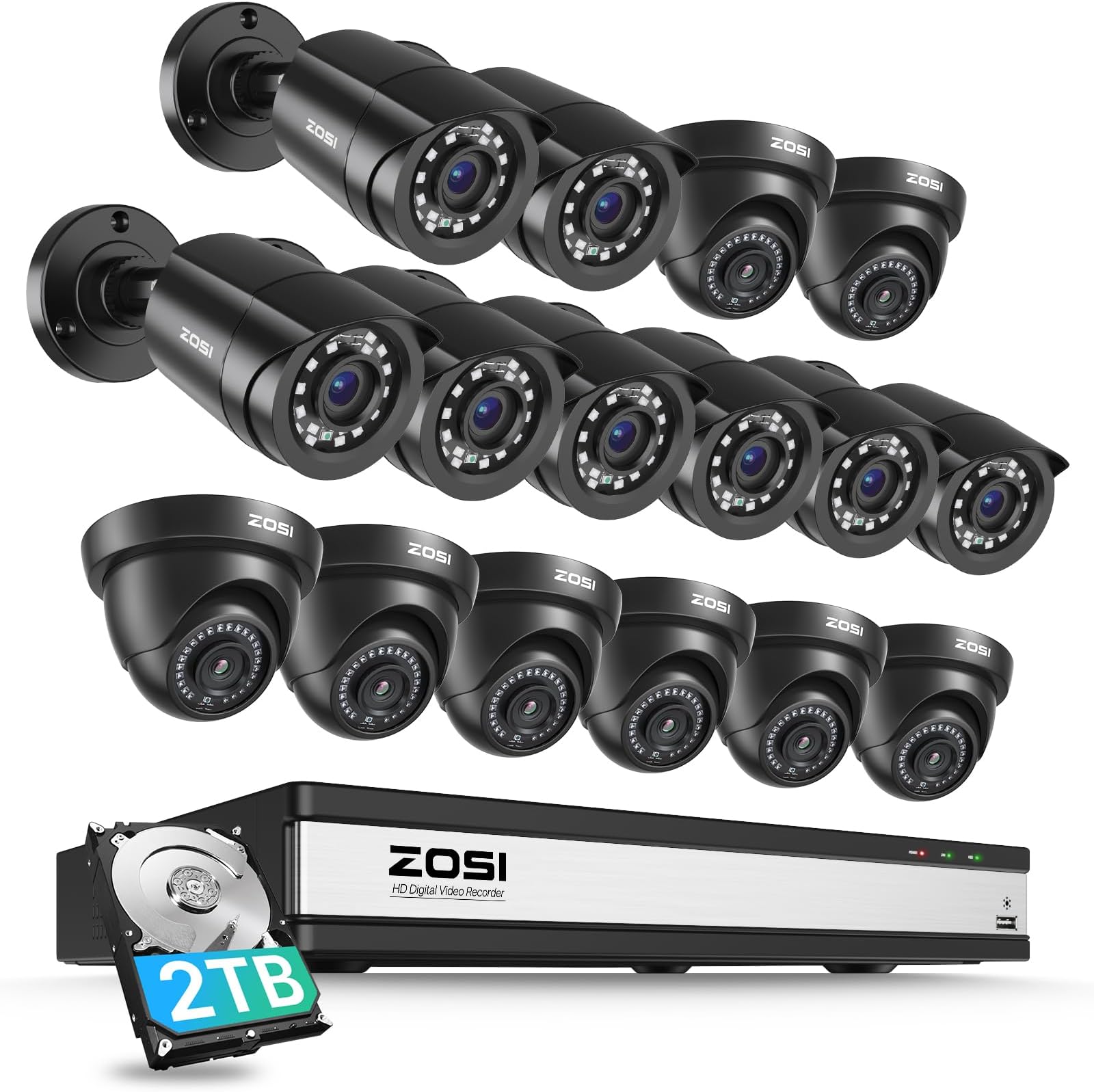 3K Lite 16CH Security Camera System with AI Human Vehicle Detection, Night Vision, 16 x 1080p Outdoor Indoor CCTV Wired Cameras, 16 Channel H.265+ Surveillance DVR with 2TB HDD for 24/7 Recording