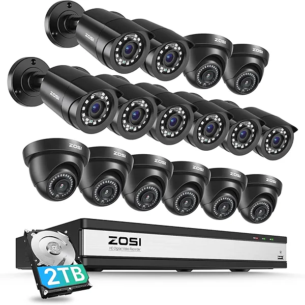 ZOSI 3K Lite 16CH Security Camera System with AI Human Vehicle Detection, Night Vision, 16 x 1080p Outdoor Indoor CCTV Wired Cameras, 16 Channel H.265+ Surveillance DVR with 2TB HDD for 24/7