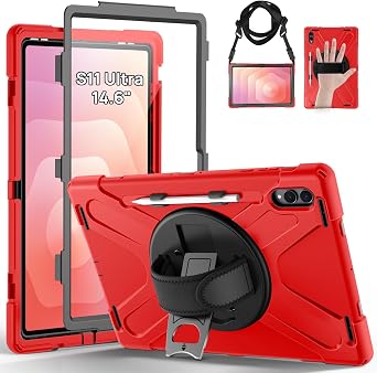 Gerutek Case for Samsung Galaxy Tab S11 Ultra 2025 14.6", Full-Body Drop Protective Case with Screen Protector, Pen Holder, 360 Rotate Hand Strap & Stand,Shoulder Strap, Red