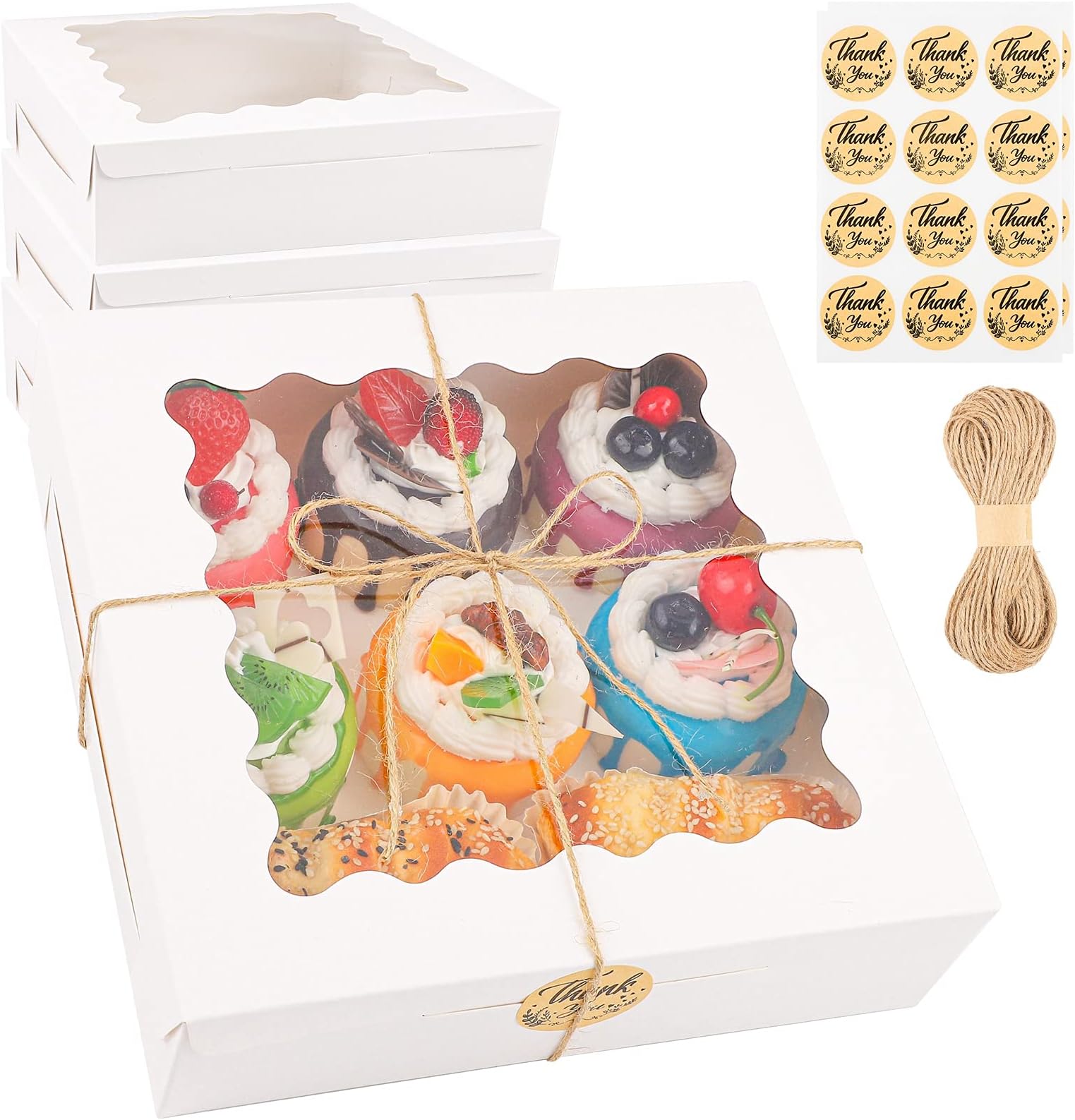 Ruisita 15 Pack Cookie Boxes Bakery Pie Boxes, Large Kraft Cookie Boxes, with PVC Window for Pie and Cookies Boxes Small Natural Craft Paper Box, 22 x 22 x 6.5 cm, White