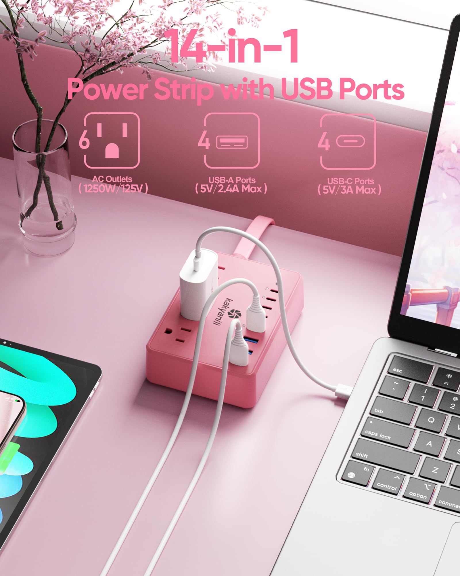 Kakyanill - Regleta de alimentación rosa, 6 salidas de CA, 8 puertos USB (4 USB C) con protector de sobretensiones 2000J, cable de extensión de enchufe plano de 5 pies, compacto para computadora