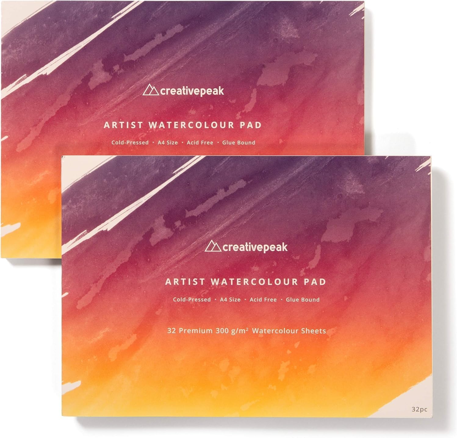 Watercolour Paper Painting Pad (64 Sheets, A4 Size (21x29.7cm), 2 PK) Premium 300 GSM Thick Professional Sketchbook for Mixed Media, Smooth & Slightly Textured Minimizes Bleeding by CreativePeak