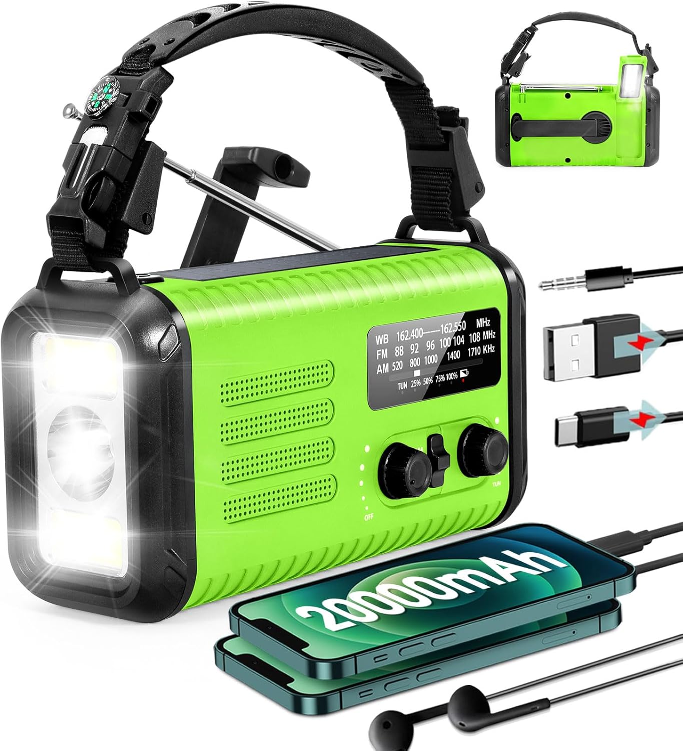 20000mAh/ 74000mWh Emergency Hand Crank Radio, AM/FM/NOAA Portable Weather Radio, Battery Powered Solar Radios with USB Phone Charger, Reading Lamp Flashlight & SOS for Emergency/Hurricane/Home