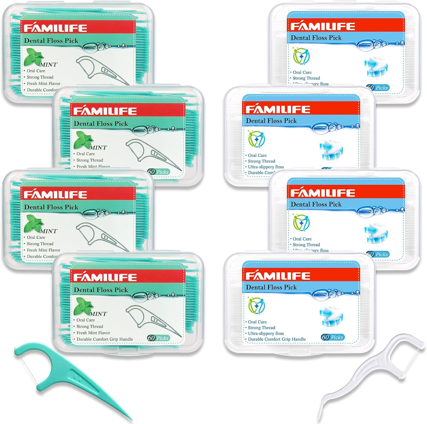 FAMILIFE Floss Picks, 240 Count Mint Dental Floss Picks with 4 Travel Handy Cases and 200 Count Unflavored Dental Floss Picks with 4 Travel Handy Cases