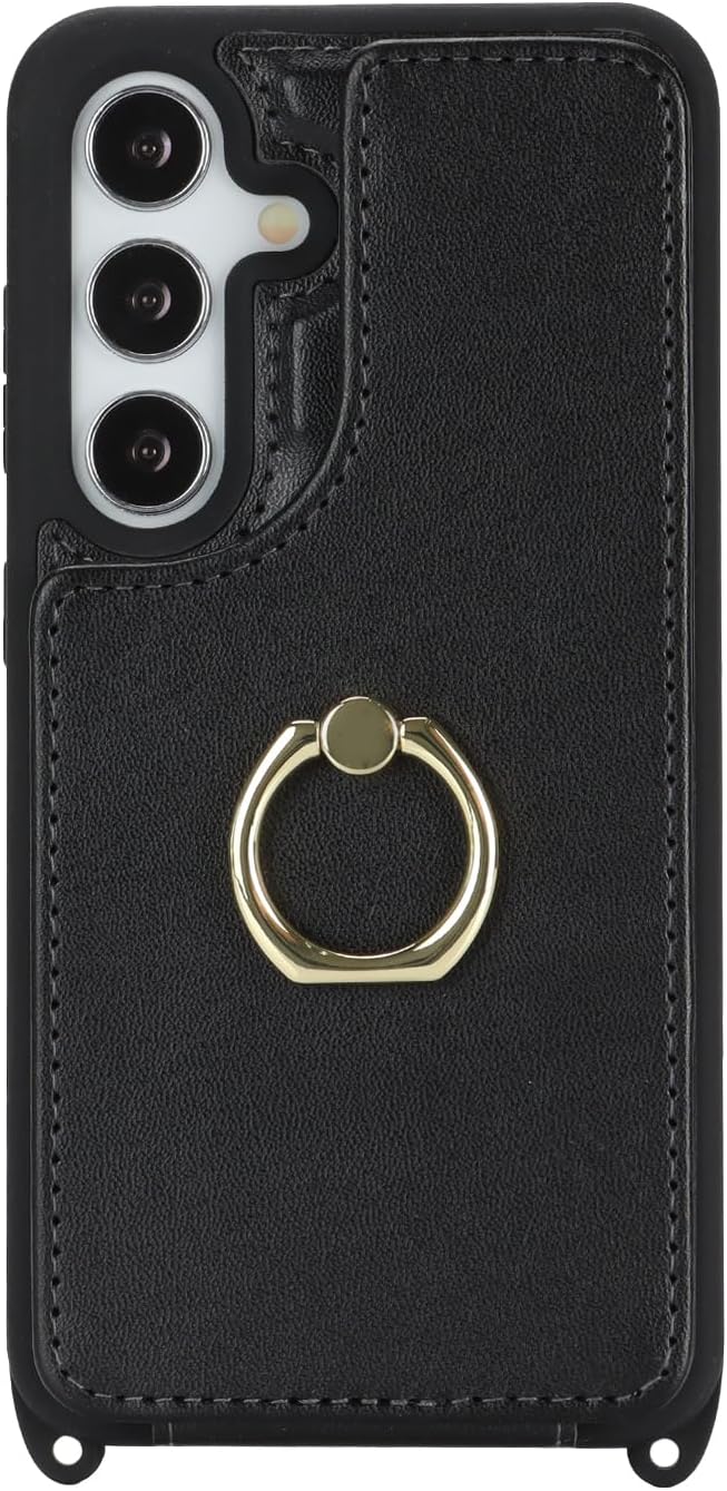 Lipvina for Samsung Galaxy S25 Case with Card Holder and Strap for Women,Crossbody Lanyard,RFID Blocking,Ring Stand,Snap Clasp,Phone Wallet Case(6.2 inch,Black)