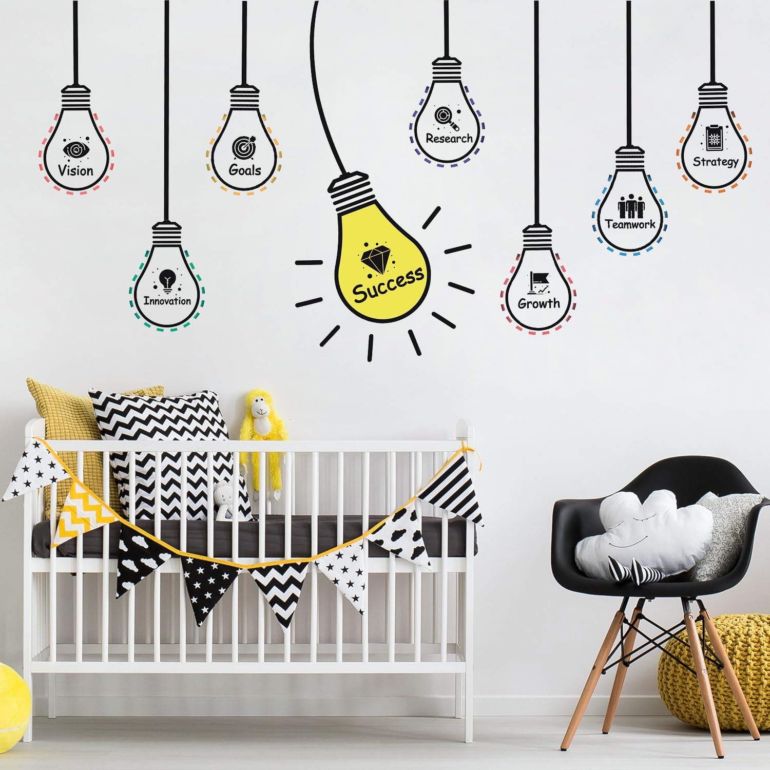 HLNIUC Positive Words Wall Decal 25PCS Success Teamwork Wall Sticker Minimalist Inspirational Lettering Artwork Motivational Saying Art Sticker Light Bulb Themed Wall Decor for Classroom Office