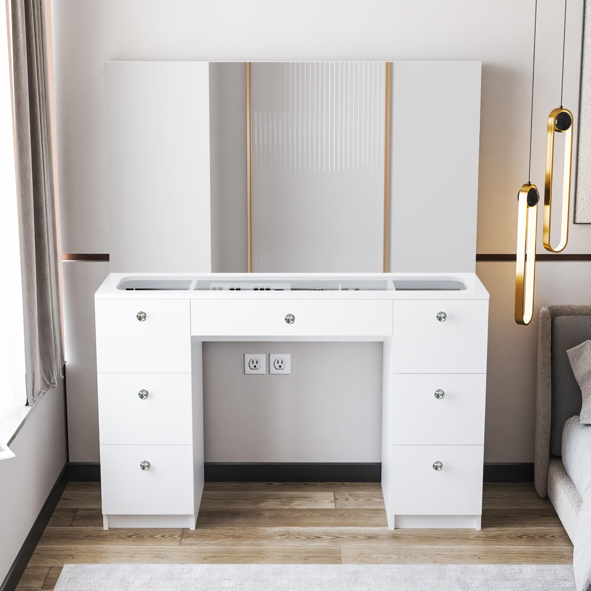 Boahaus Venus Modern White Vanity with Wide Hollywood Mirror and 7 Drawers, Crystal Knobs. Small Vanity with Glass Top, Bedroom Set Makeup Vanity Desk with Power Outlet