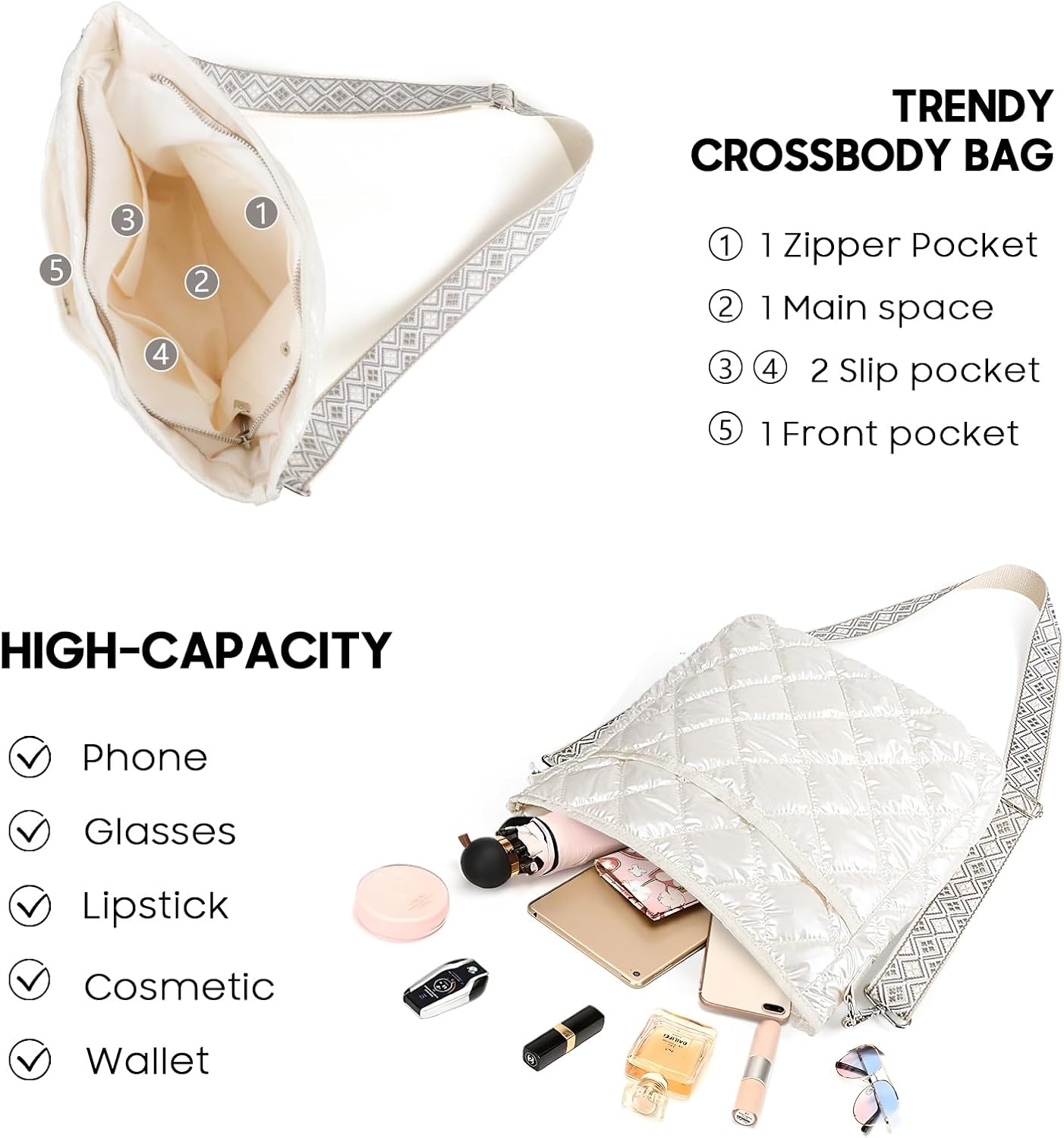 Quilted Crossbody Bags for Women, Unique Pattern Strap Quilted Bag, Crossbody Purses for Women, Quilted Puffer Bag for Women - Image 5
