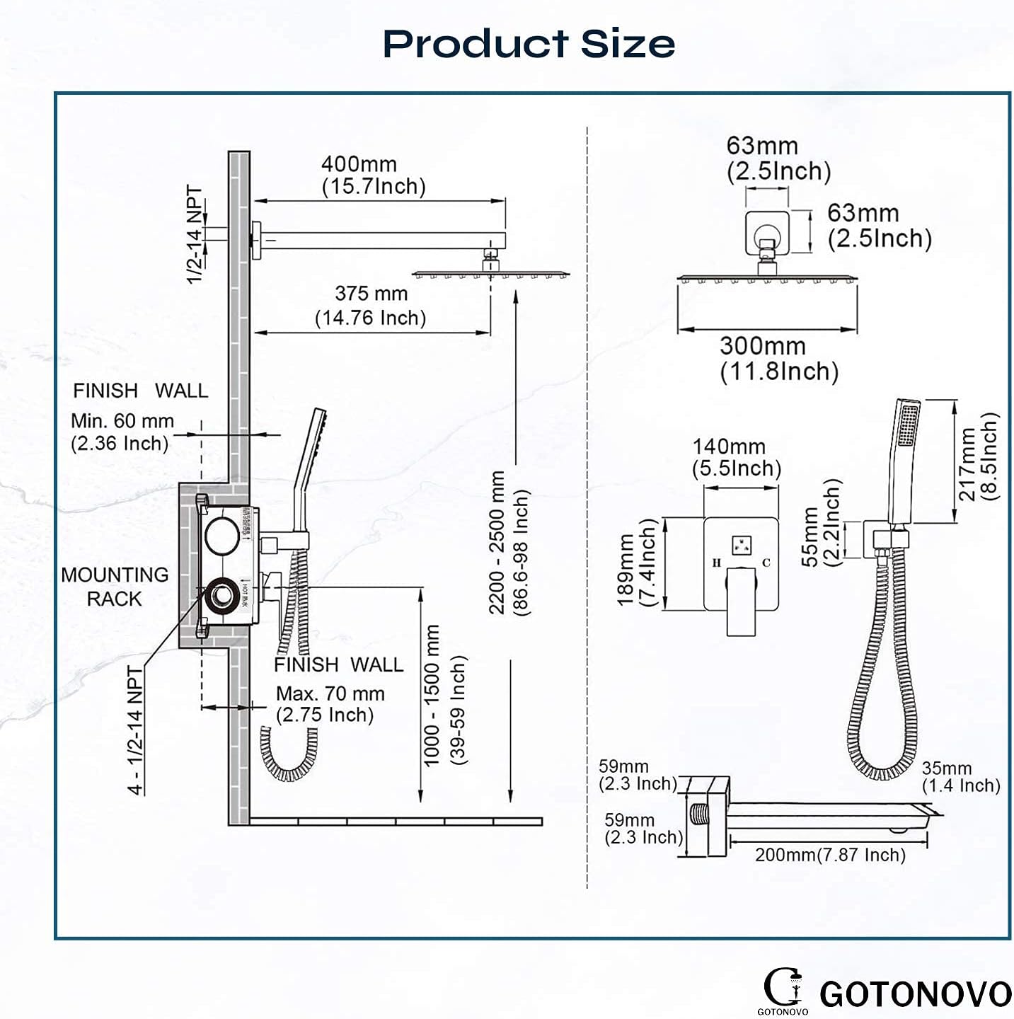 Matte Black Shower System Set 12 Inches Shower Tub Combo Wall Mounted Rainfall Shower Head Handheld Shower Bathroom Luxury Rain Rough-in Valve Body and Trim Kit with Tub Spout Filler 3 Function Mixer - - 