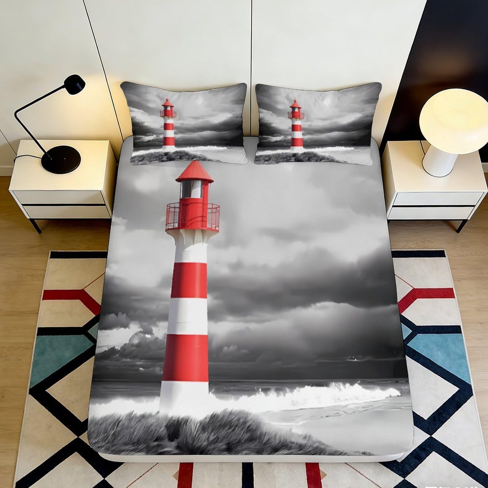Pnayamiorkfel Style-8 3D Printed Red Lighthouse Fitted Sheet Microfiber Soft Bedroom Decor Ocean Wave Mattress Cover Anti-Slip Washable 90X200x25cm