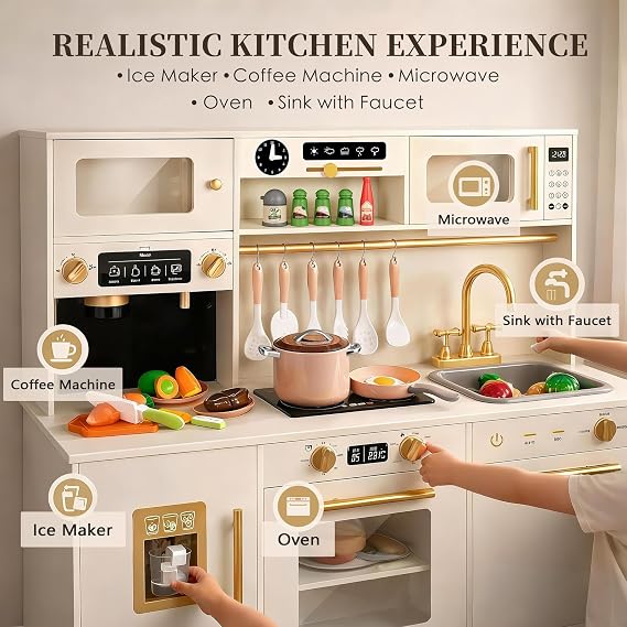 Play Kitchen for Kids, Wooden Pretend Toy Kitchen Set with Appliances & Smart Storage, Kids Kitchen Playset with 49 Toy Food & Cookware Accessories for Toddlers, Stove, Play Sink, Gift for Ages 3+