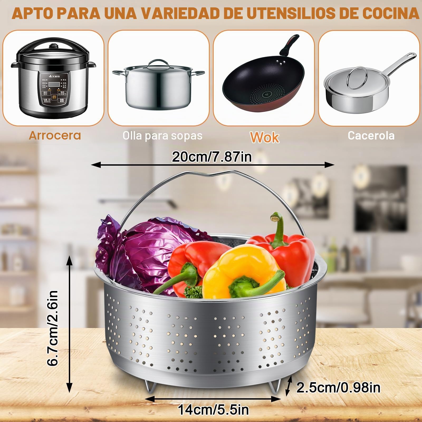 Cesta de Vapor Inoxidable 304 Vaporera Multiusos 20cm