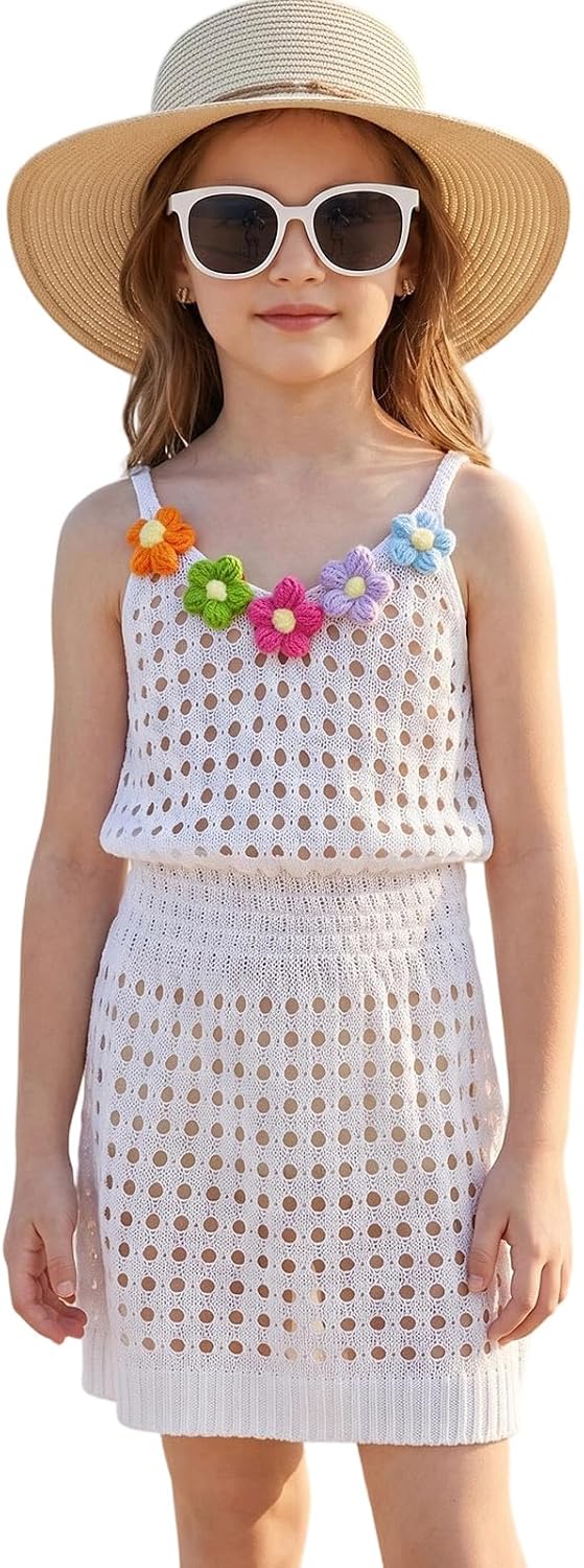 Beach Swim Coverups for Girls Hollow Out Crochet Swimsuit Cover Up Floral Applique Stretchy Swimwear Beach Dresses