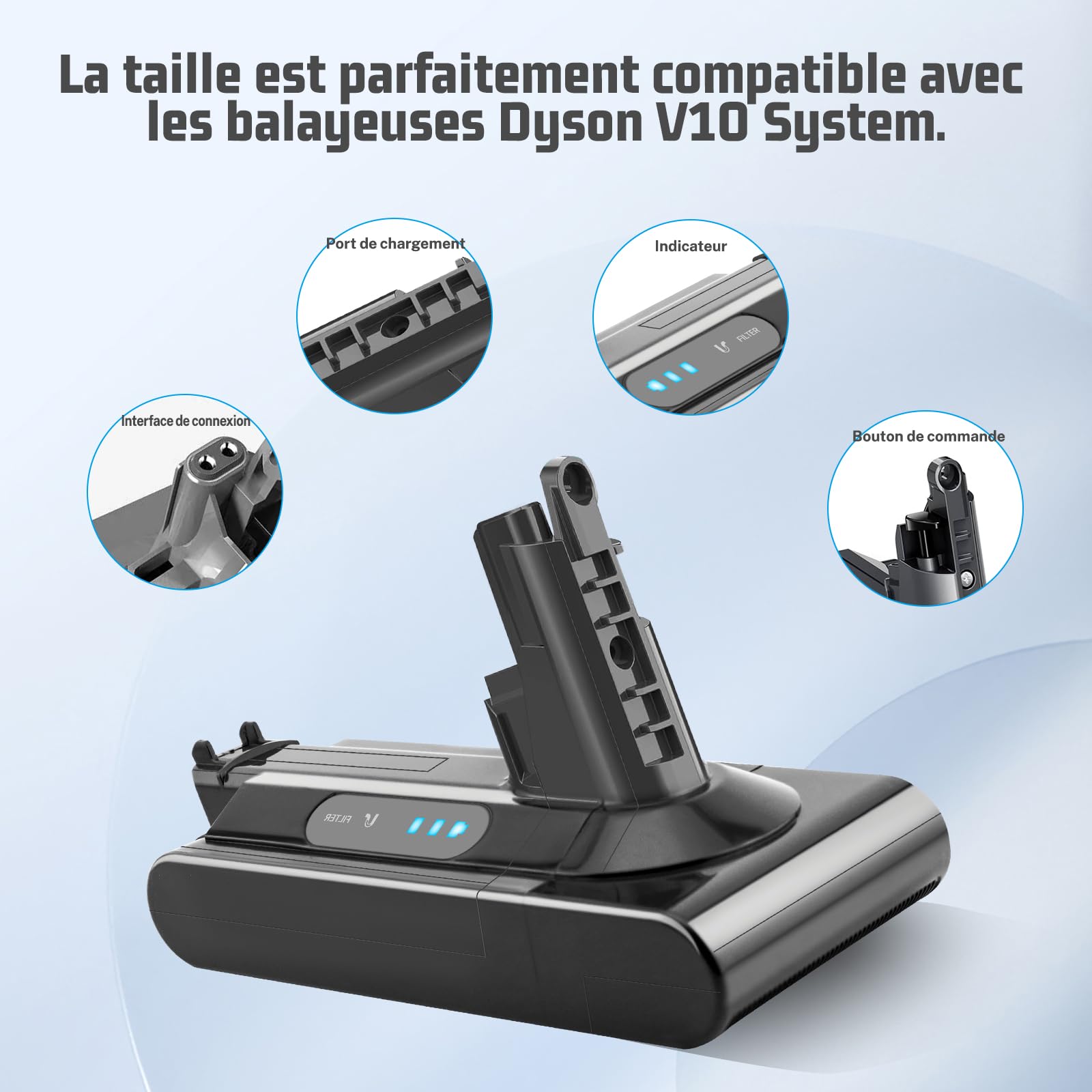 Batterie pour Dyson V10 Cyclone/Animal/Absolute/Fluffy/Motorhead SV12 Chargeur sans Fil aspirateur Portable Batterie de Remplacement avec Grande capacité (+1 Filtre Post)