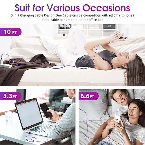 Miniatura 7 de Cable de carga magnético paquete de 3, 10 pies10 pies10 pies Cargador magnético giratorio de 540 para teléfono, cable USB magnético 3 en 1 con luz