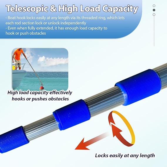 Boat Hook Telescopic Boating Poles with Replaceable Hooks, 3-Stages Heavy Duty Boat Hook Pole, Rescue Hook for Berthing/Unberthing/Towing Ropes